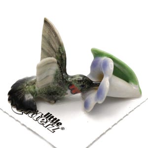 Little Critterz Hummingbird on Flower "Ruby" - Handcrafted Home Decor Bird Birthday Gift Decorative Figurine - Miniature Porcelain Figurine
