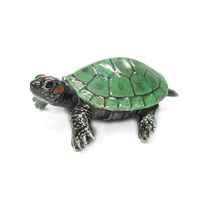 May include: A small, detailed turtle figurine with a glossy green shell and textured, dark gray body. The turtle has a red spot near its eye and is posed on a white background. This decorative item is likely a collectible or a piece of home decor.