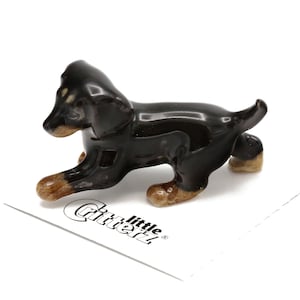 Little Critterz Black Dog Dachshund "Caboose" - Handcrafted Home Decor Animal Decorative Figurine - Miniature Porcelain Figurine