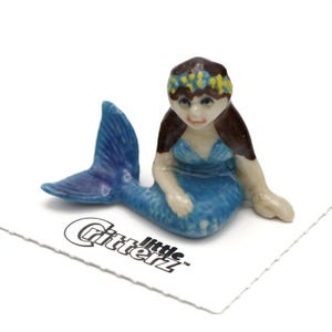Little Critterz Mermaid Child &quot;Blue&quot; - Handcrafted Home Decor Mermaid Birthday Gift Decorative Figurine - Miniature Porcelain Figurine