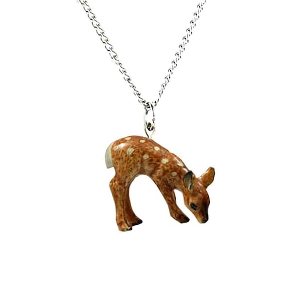 Little Critterz Jewelry - Brown Deer Fawn Animal Hand-painted Decorative Figurine - Necklace Pendant Porcelain Jewelry