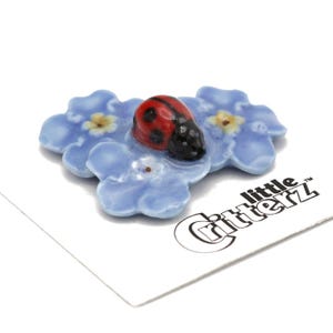 Little Critterz Insect Ladybug Flower &quot;Forget Me Not&quot; - Home Decor Animal Decorative Figurine Birthday Gift - Miniature Porcelain Figurine
