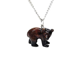 Little Critterz Jewelry Brown Bear Necklace Porcelain - Handcrafted Birthday Gift Decorative Figurine - Necklace Pendant Porcelain Jewelry