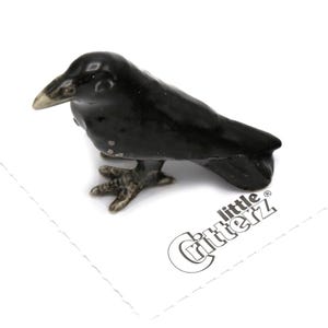 Little Critterz Black Raven &quot;Trickster&quot; - Hand-painted Home Decor Bird Decorative Figurine - Miniature Porcelain Figurine