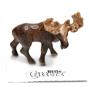 Little Critterz Brown Moose "Bull" Animal - Handcrafted Home Decor Animal Birthday Gift Decorative Figurine - Miniature Porcelain Figurine