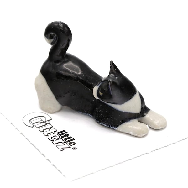 Little Critterz Black Cat Tuxedo Kitten Chessie - Home Decor Animal Decorative Figurine - Miniature Porcelain Figurine