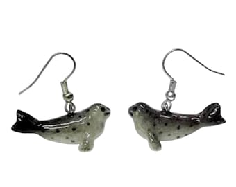 Little Critterz Jewelry Harbor Seal Reptile - Handcrafted Home Decor Animal Decorative Figurine French Hooks - Porcelain Earrings Jewelry