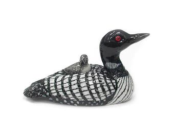 Northern Rose Gavia Loon with Chick - Hand-painted Home Decor Bird Birthday Gift Decorative Figurine - Miniature Porcelain Figurine