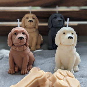 以下が含まれることがあります： 犬の形をしたろうそくが4本、茶色が2本、黒が1本、白が1本、手前に骨の形をしたろうそくと足の形をしたろうそくがあります。