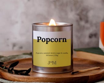 Popcorn Scented Wood Wick Candle - Bakery Candle - Caramel Popcorn Cinema Fragrance - Popcorn Lover Gift For Christmas