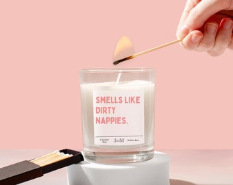 Cheeky new mum pregnancy candle. Smells like dirty nappies. Funny new parents gifts.