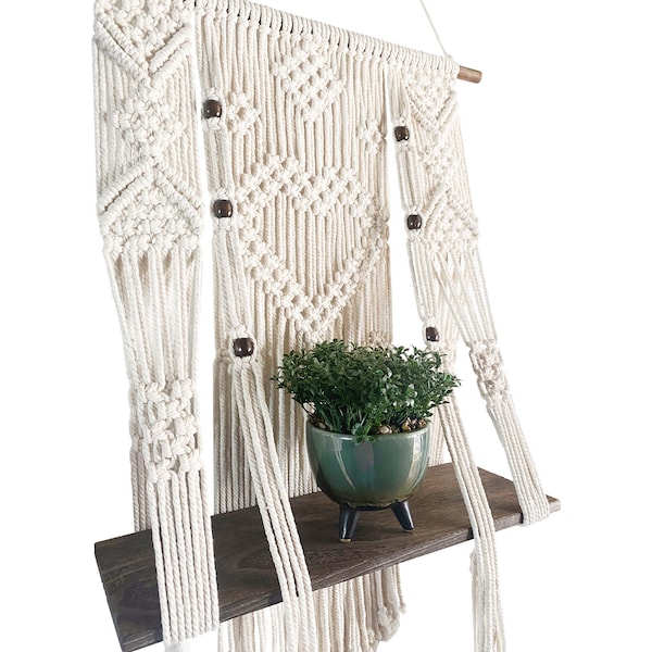 Macrame Wall Hanging Shelf Boho Rope Plant Pot Holder for Wall Decor/Rustic wood