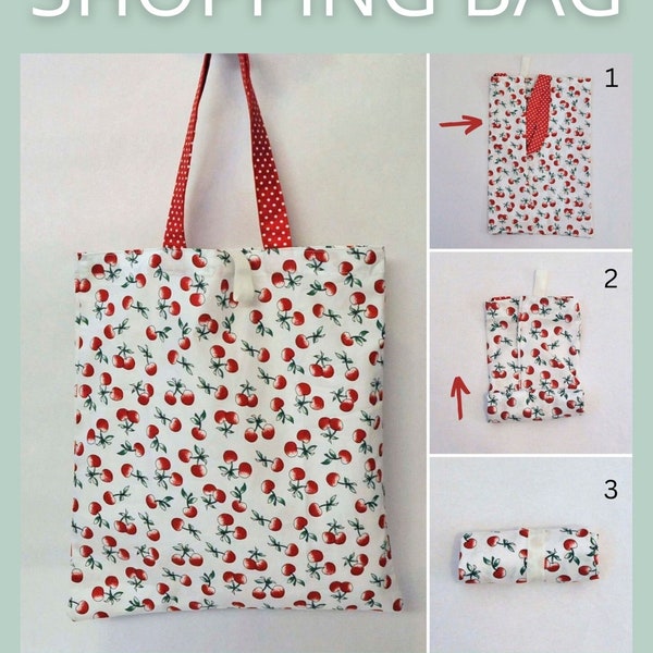 Reusable Folding Market Bag sewing pattern, PDF downloadable sewing tutorial, Roll-Up shopping eco bag, easy DIY grocery tote