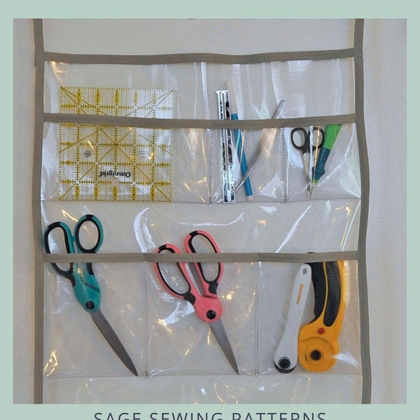 PDF sewing pattern Clear Hanging Organizer, vinyl see through pocket organizer template and tutorial, DIY wall mounted toy garden storage