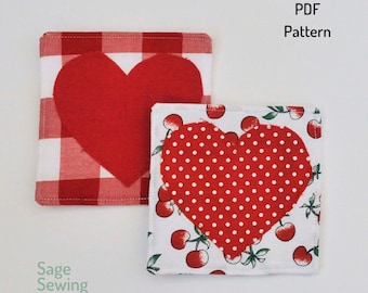 Alfombra de taza con apliques de corazón, patrón de costura descargable en PDF, plantilla y tutorial de costura de posavasos de tela, regalo fácil de San Valentín DIY