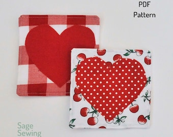 Heart Applique mug rug, PDF downloadable sewing pattern, Fabric Coaster sewing template and tutorial, easy DIY Valentine gift