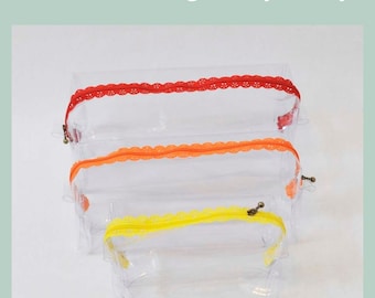 Clear Boxy Zipper Bag PDF downloadable sewing pattern, 3 sizes vinyl cosmetic bag sewing tutorial, travel zip pouch with lace zipper