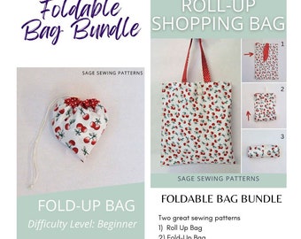 Foldable Bag Bundle Sewing pattern, 2 Reusable Market Bag PDF downloadable sewing tutorials, roll-up and foldable stuff pocket shopping