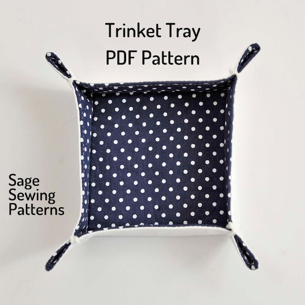 Fabric desk organizer tray, PDF downloadable sewing pattern, Trinket Tray home storage sewing template and tutorial, easy DIY box