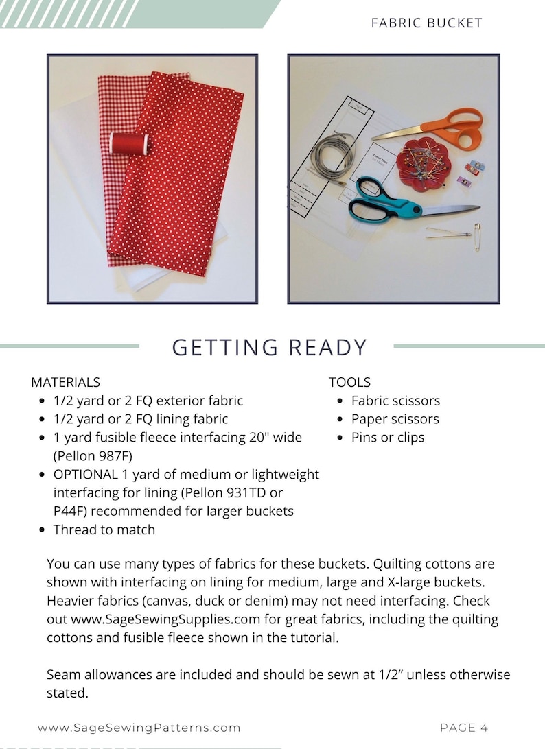 Puede incluir: Una gu&iacute;a para hacer cubos de tela, con una lista de los materiales y herramientas necesarios. Los materiales incluyen tela, entretela e hilo. Las herramientas incluyen tijeras y alfileres. El texto de la imagen dice "FABRIC BUCKET" y "GETTING READY".
