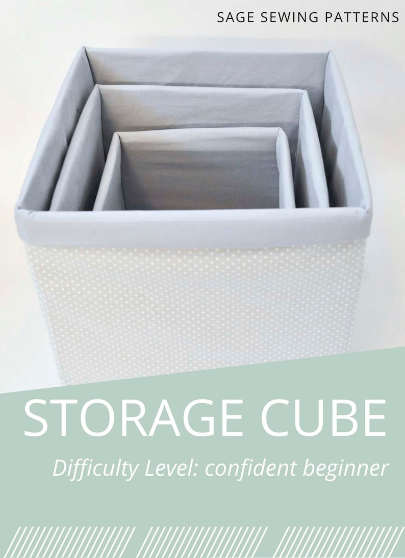 May include: A set of three gray storage cubes with white polka dots. The cubes are nested inside each other. The text "STORAGE CUBE" is written in white on a light green background. The text "Difficulty Level: confident beginner" is written below the title.