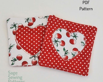 Posavasos con forma de corazón, patrón de costura descargable en PDF, plantilla y tutorial de costura de alfombra de taza de tela, regalo fácil de San Valentín DIY