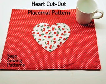 Heart Cut-out placemat, PDF downloadable sewing pattern, Valentines's Day sewing template and tutorial, easy DIY Valentine gift