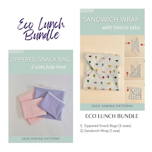 Peut inclure: Ensemble de patrons de couture Eco Lunch Bundle avec deux sacs à collation zippés de tailles différentes et un emballage à sandwich avec des languettes Velcro. Les sacs à collation sont rose et violet avec des pois blancs. L'emballage à sandwich est blanc avec des graphiques de sucettes glacées colorés. L'ensemble de patrons est de Sage Sewing Patterns.