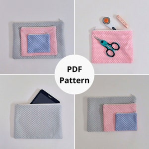 May include: Four different sized zippered pouches with a white polka dot pattern on a grey and pink background. The pouches are shown with a tablet, scissors, and measuring tape.  PDF Pattern.