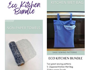 Eco Kitchen sewing pattern bundle 2 PDF downloadable tutorials- Hanging Kitchen Wet Bag and non-paper Towels eco-friendly paperless towels