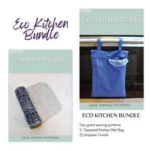 Pacote de padrão de costura Eco Kitchen 2 tutoriais para download em PDF - Saco molhado de cozinha pendurado e toalhas sem papel, toalhas sem papel ecológicas