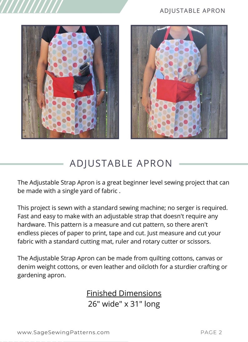Adjustable Strap Apron Sewing Pattern, PDF Sewing Pattern and Tutorial ...