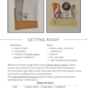 May include: A materials and tools list for making a storage cube. The list includes exterior fabric, lining fabric, stiff mesh plastic or cardboard, a rotary cutter, ruler, cutting mat, scissors, pins, clips, and a tape measure. The chart shows the amount of fabric and cardboard needed for different sizes of the cube: small, medium, and large.