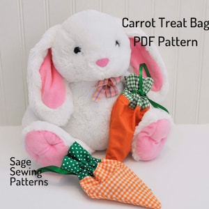 May include: A white plush bunny holding two carrot-shaped treat bags. One bag is orange with green gingham trim and the other is orange and white gingham with green polka dot trim. The text "Carrot Treat Bag PDF Pattern" is at the top of the image. The text "Sage Sewing Patterns" is at the bottom of the image.