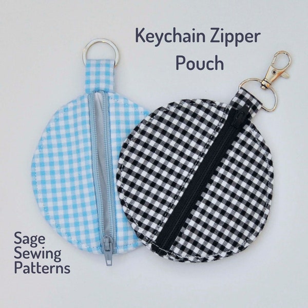 Keychain coin purse, PDF downloadable sewing pattern, zipper pouch wallet sewing template and tutorial, earbud case