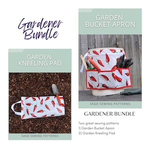 Puede incluir: Un paquete de patrones de costura para un delantal de cubo de jardín y una almohadilla para arrodillarse en el jardín. Ambos patrones presentan un fondo blanco con diseños de chiles rojos. El texto "GARDENER BUNDLE" se muestra en texto negro sobre un fondo blanco.