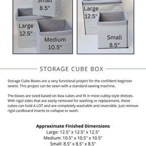 May include: Three storage cube boxes in different sizes: small, medium, and large. The boxes are made of a light gray fabric with a white polka dot pattern. The boxes are labeled with their dimensions in inches. "STORAGE CUBE" is written at the top of the image. "STORAGE CUBE BOX" is written in the middle of the image. The text "Approximate Finished Dimensions" is written in black at the bottom of the image, followed by the dimensions of each box in inches. The text "www.SageSewingPatterns.com" is written in black at the bottom left of the image. The text "PAGE 3" is written in black at the bottom right of the image.