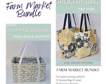 Farmers Market Bundle of 2 PDF downloadable sewing tutorial, Fabric Grocery Bags and the Shopping Box Bag easy eco-friendly sewing pattern