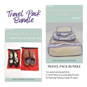 Travel Pack sewing pattern Bundle, sewing tutorial for Stacking Packing Cubes and Travel Shoe and Laundry Bags