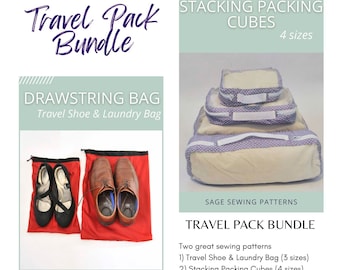Travel Pack sewing pattern Bundle, sewing tutorial for Stacking Packing Cubes and Travel Shoe and Laundry Bags