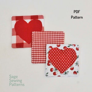 PDF downloadable sewing pattern, Heart Fabric Coaster sewing pattern & instructions and tutorial, easy DIY Valentine gift