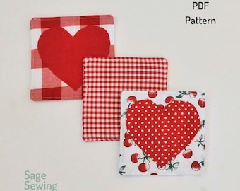 Patrón de costura descargable en PDF, patrón de costura Heart Fabric Coaster e instrucciones y tutorial, fácil regalo de San Valentín DIY