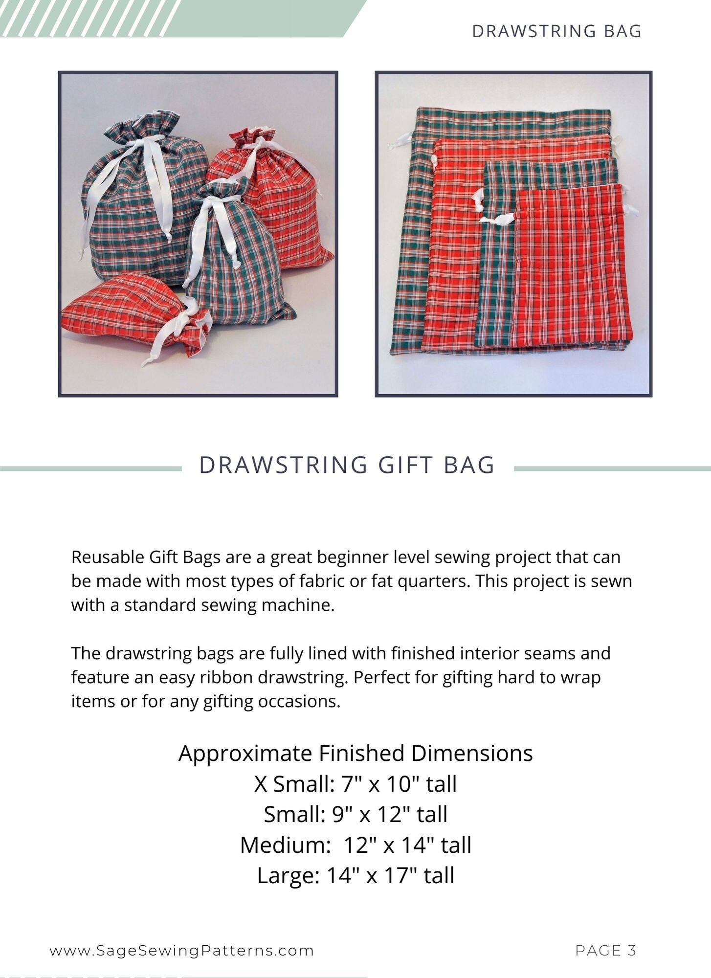 Drawstring Bag Sewing Pattern, PDF Downloadable Sewing Tutorial, Lined ...