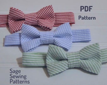 May include: Three striped bow ties in red, blue, and green. The bow ties are made of a fabric with a seersucker texture. The image includes the text "PDF Pattern" and "Sage Sewing Patterns".