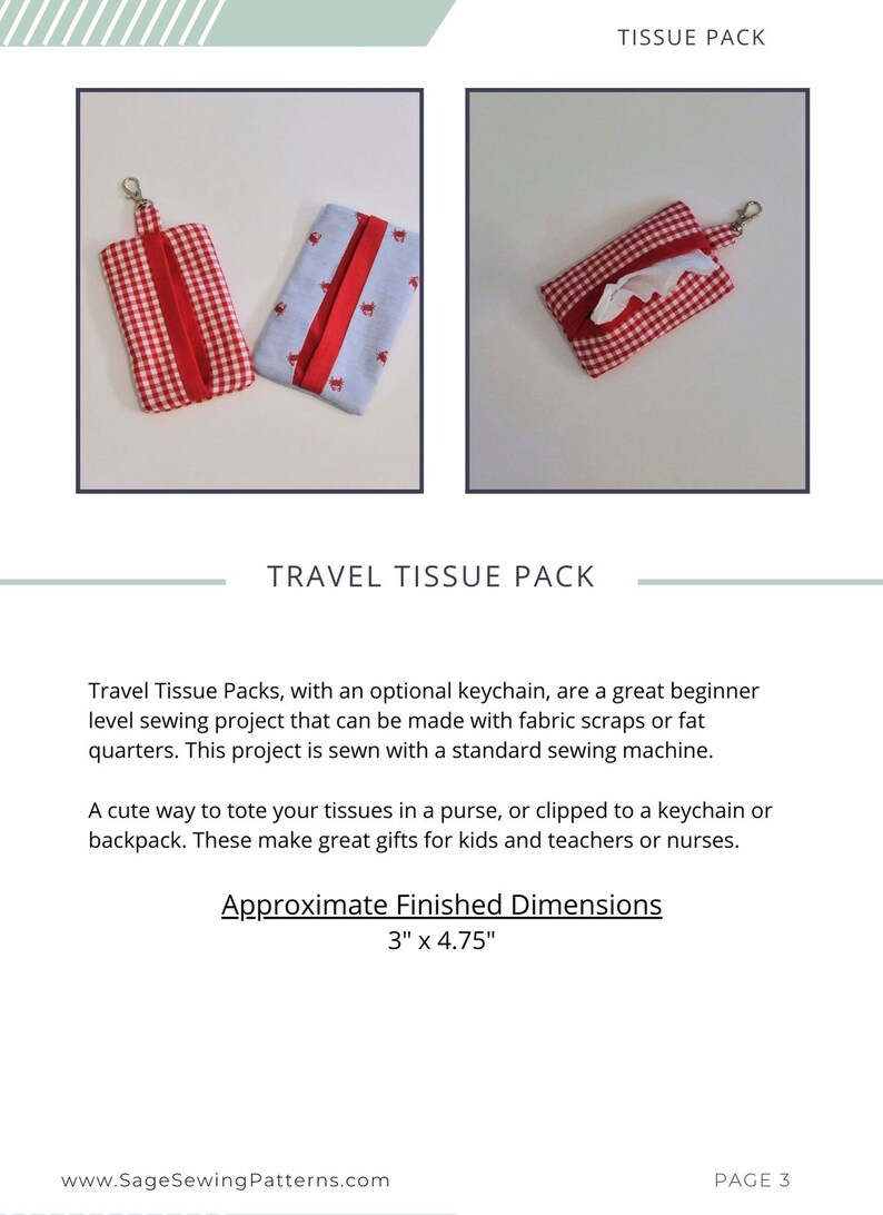 Travel Tissue Pack Keychain, PDF Downloadable Sewing Pattern and ...