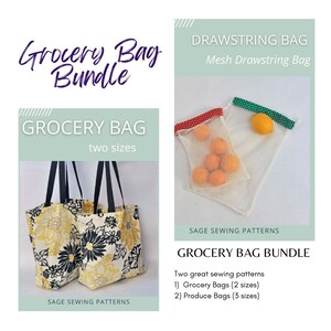 May include: A sewing pattern bundle for making grocery bags and produce bags. The bundle includes two sizes of grocery bags and three sizes of produce bags. The image shows a floral print grocery bag and a mesh drawstring produce bag.