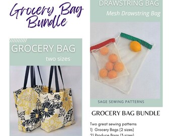 Grocery Bag Bundle of 2 PDF downloadable sewing tutorial, Fabric Grocery Bags and mesh produce bags easy eco-friendly sewing pattern