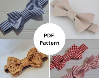 May include: Four different bow tie patterns for sewing. The patterns include a blue and white striped bow tie, a beige bow tie, a brown and tan woven bow tie, and a red and white gingham bow tie. The image includes the text "PDF Pattern".