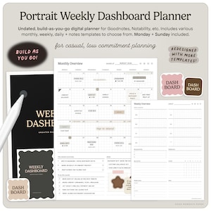 Undated Weekly Dashboard Digital Planner for Goodnotes, Portrait Mode, Minimalist Monthly Weekly Daily Journal Templates, Build As You Go