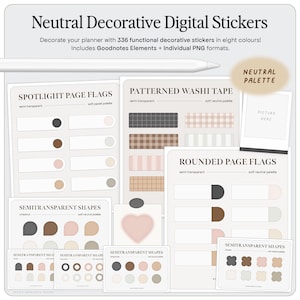 May include: A set of digital planner stickers in a neutral color palette. The stickers include page flags, washi tape, and semi-transparent shapes. The stickers are designed for use in digital planners and note-taking apps.